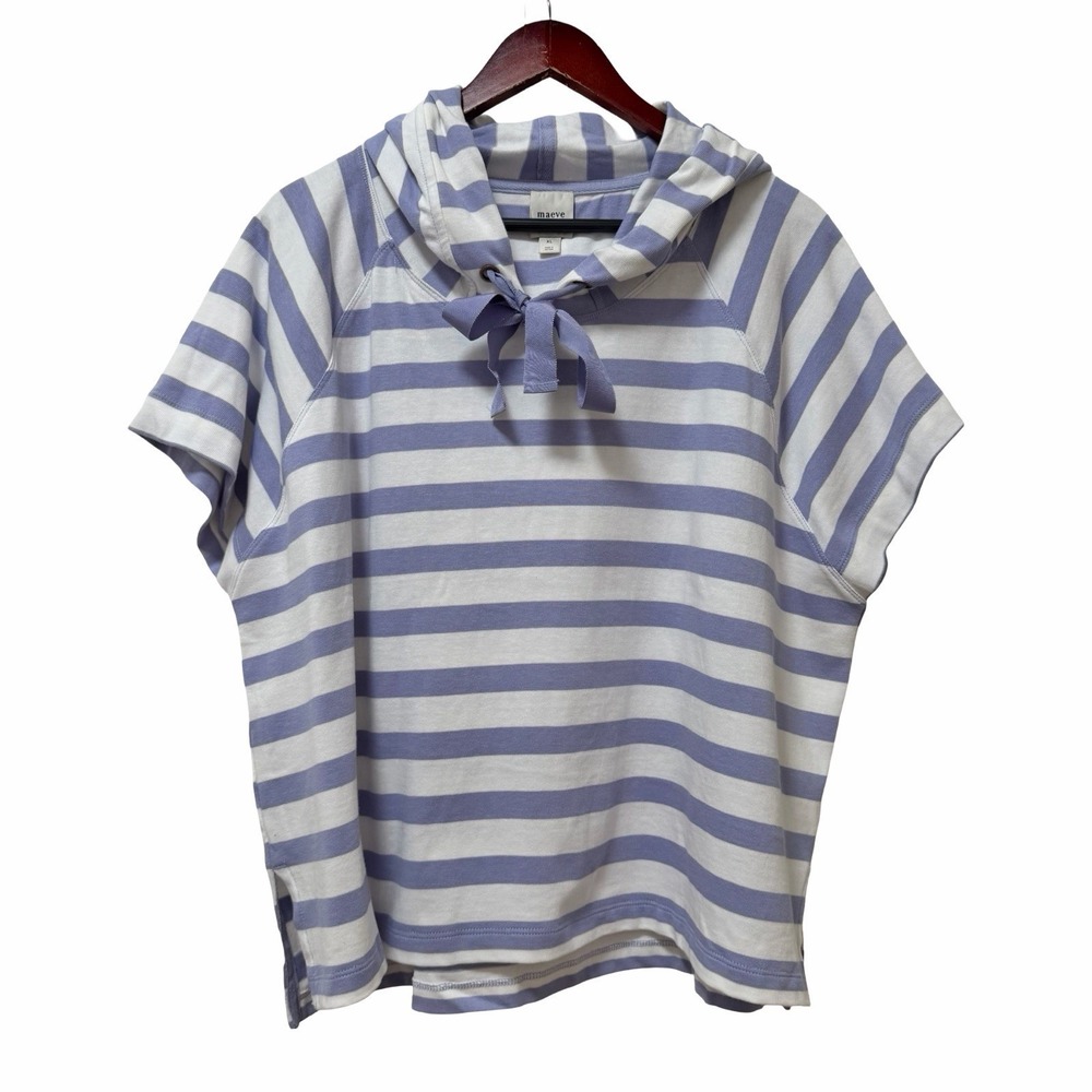 Anthropologie Maeve Boxy Stripe Short Sleeve Hoodie Size XL White Nautical Beach